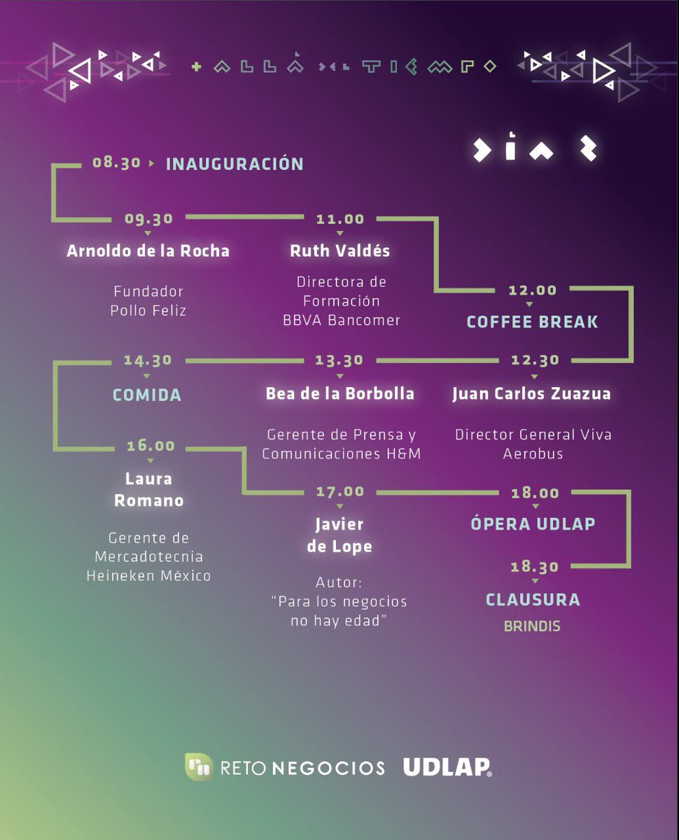 RetoNegUDLAP's tweet photo. Este es el programa para #rnUDLAP17, los esperamos mañana a las 8:00 am en el Centro Cultural PAZ. #MásAlláDelTiempoUDLAP https://t.co/jHuInPPjFk