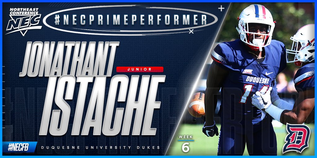 NECFootball's tweet photo. In addition to 7 solo hits, @GoDuquesne's Jonathant Istache forced a fumble, made an INT &amp; broke up 2 passes in a shutout #NECPrimePerformer https://t.co/Qfay8EW26s