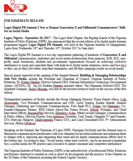 Lagos Digital PR Summit will hold at the Nigerian Institute of Management, Lagos from  18th &amp; 19th, October 2017 by 9am daily.