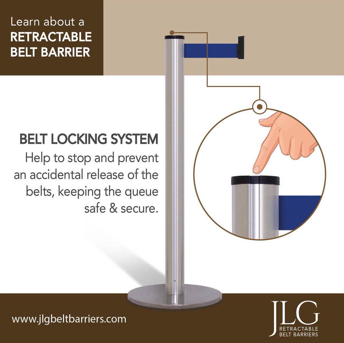 Learn about a RETRACTABLE BELT BARRIER. Visit us: jlgbeltbarriers.com #BeltBarriers #PostBarriers