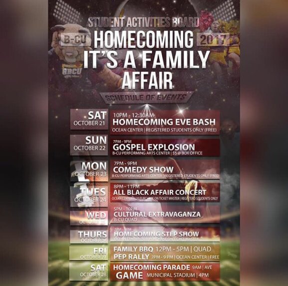 bethunecookman's tweet photo. #RT ⚠️ The official schedule for B-CU's 2017 homecoming is here! Check out the flyer for details. https://t.co/b72U1rvk8I