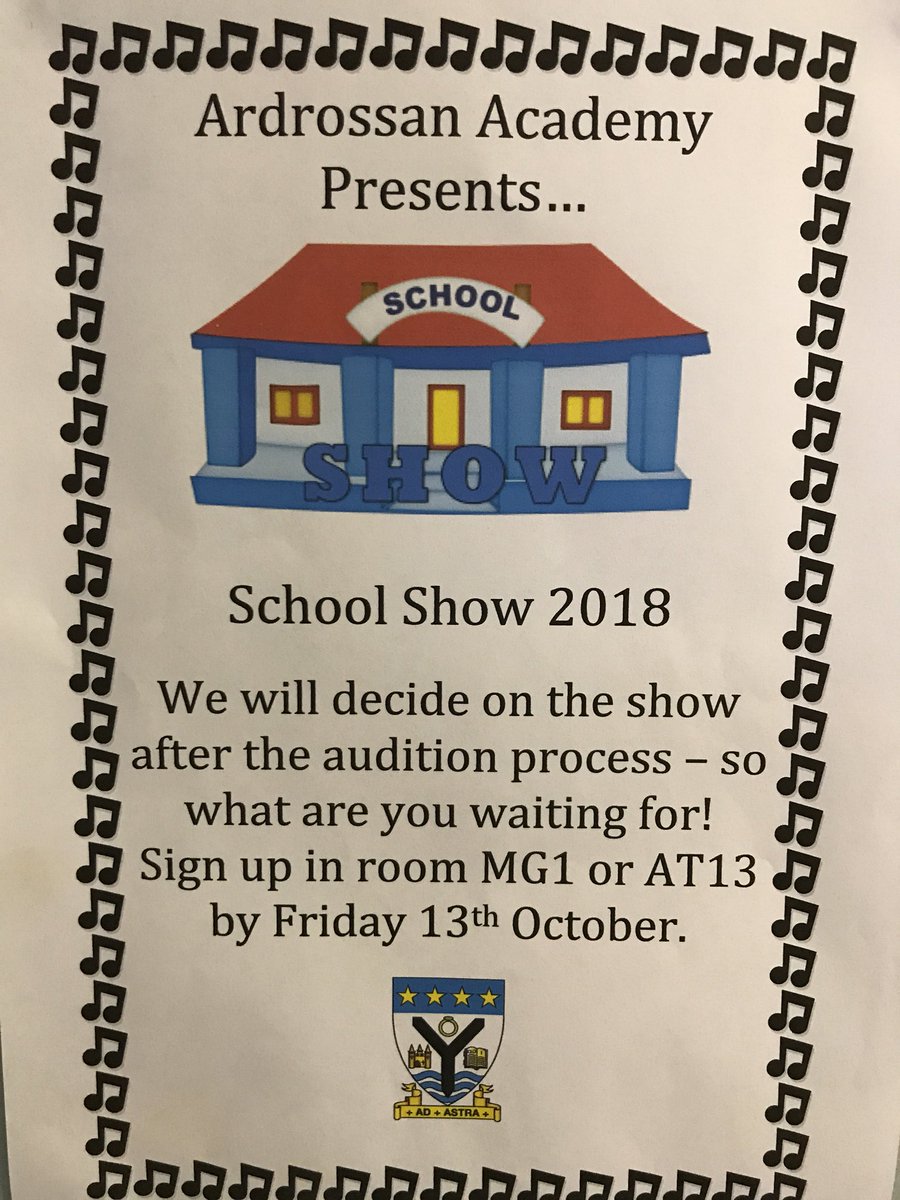 ArdAcadMusic's tweet photo. It’s here....sign up to be part of this year’s school show and collect your audition pack from Mrs Ross or Miss Cruickshank #schoolshowtime https://t.co/lqH4ykBIIA