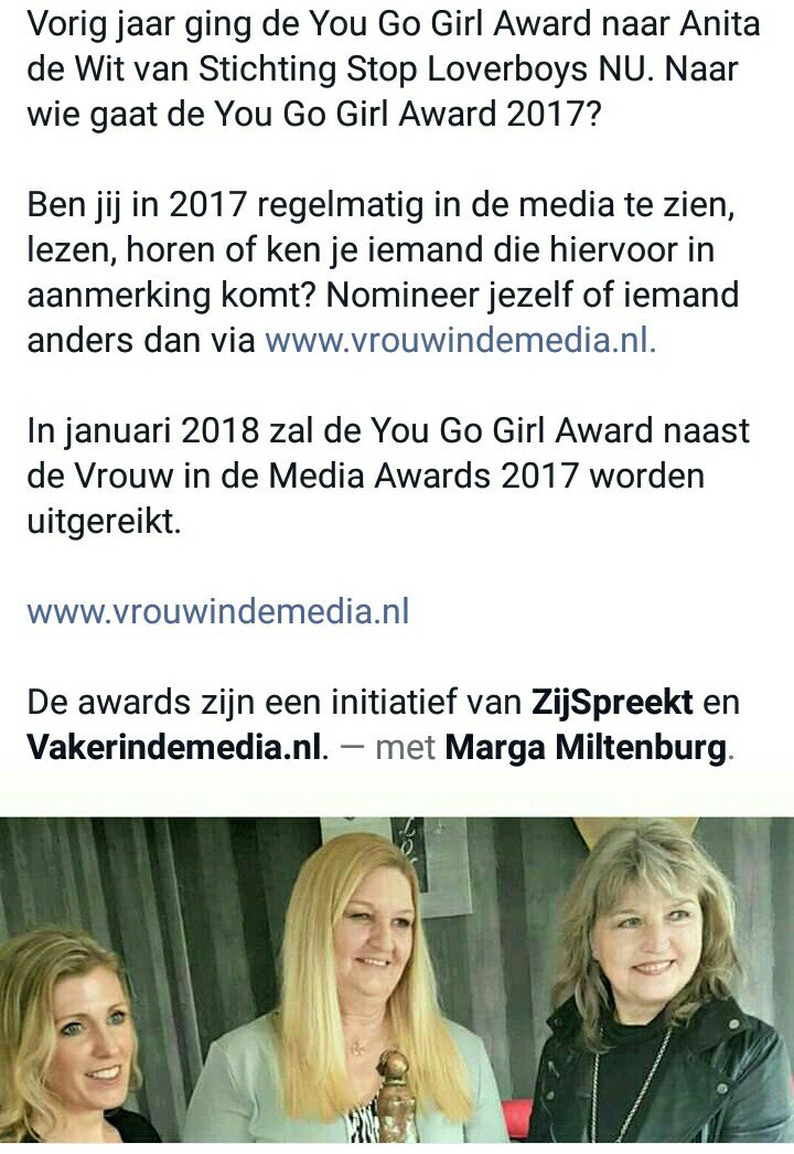 pasopvoorlover2's tweet photo. Anita de Wit heeft vorige jaar de Award in ontvangst mogen nemen! Verdient!!!! De aandacht mag niet verslappen!!! @StopLoverboysNU @VIDMnl https://t.co/cMO7AyCmkR