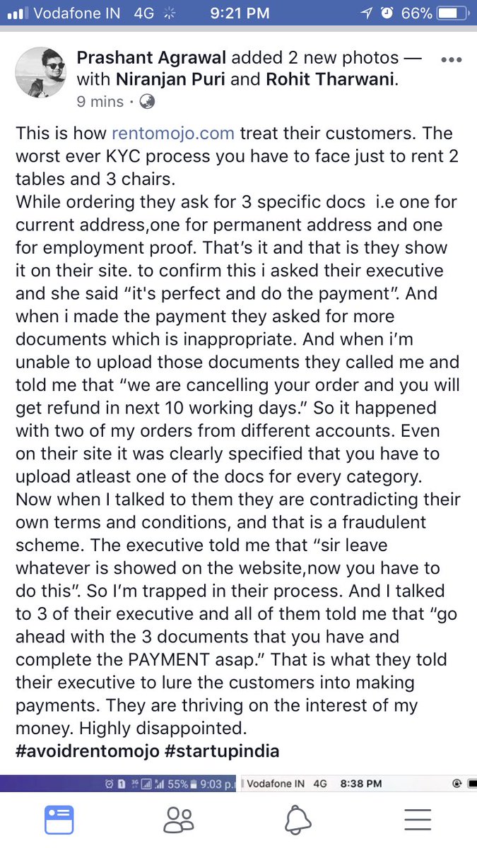 aa_prashant's tweet image. They lure you into making payments and then cancel your order. Thrive on the interest. @rentomojo @GeetanshBamania #startupindia