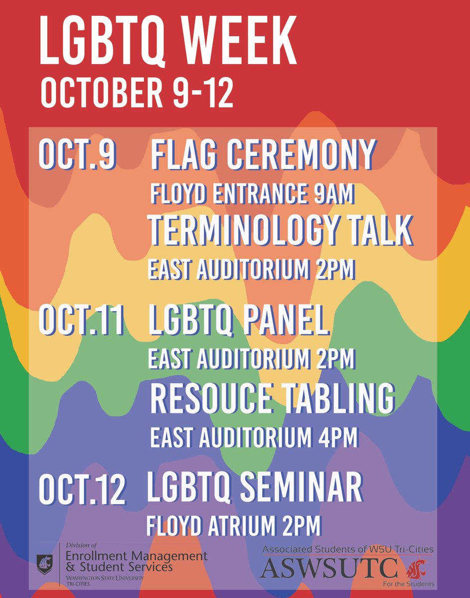 WSUTriCities's tweet photo. #ASWSUTC &amp; @WSUTriCities' office of Enrollment Management &amp; Student Services raised a flag in honor of #LGBTQWeek. More info: flyer attached https://t.co/Xu9cKSNNpq