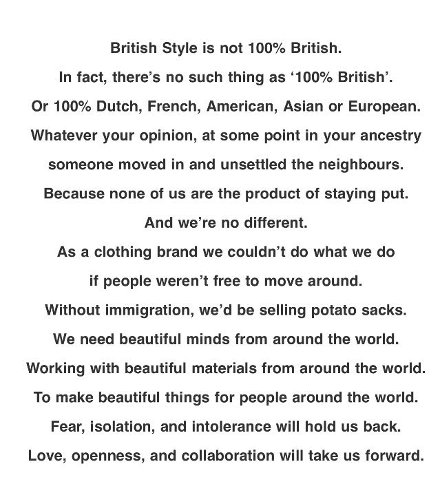 AArmstrong_says's tweet photo. 2/2 Below, a very rare political manifesto from a fashion brand. Jigsaw flying the flag for a "vibrant, tolerant, global Britain" https://t.co/jqiNVm9xnF