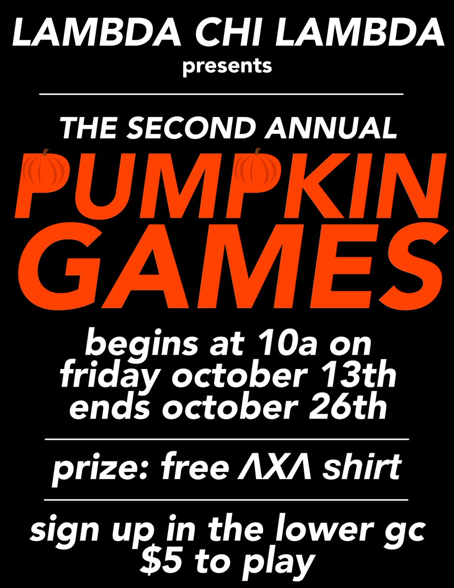 okbu_lambda's tweet photo. Come sign up for the second annual Pumpkin Games in the lower gc today! $5 to enter, it all starts on Friday at 10a! https://t.co/cpY2EFc4ep