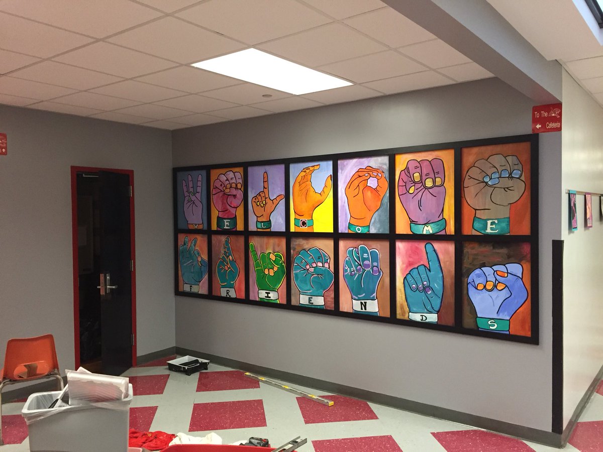 ToddGombos's tweet photo. Giving a big shout out to Mr. Messerschmidt for his help in making our sign language wall permanent!  #omsjags https://t.co/LfHCM6eVNG