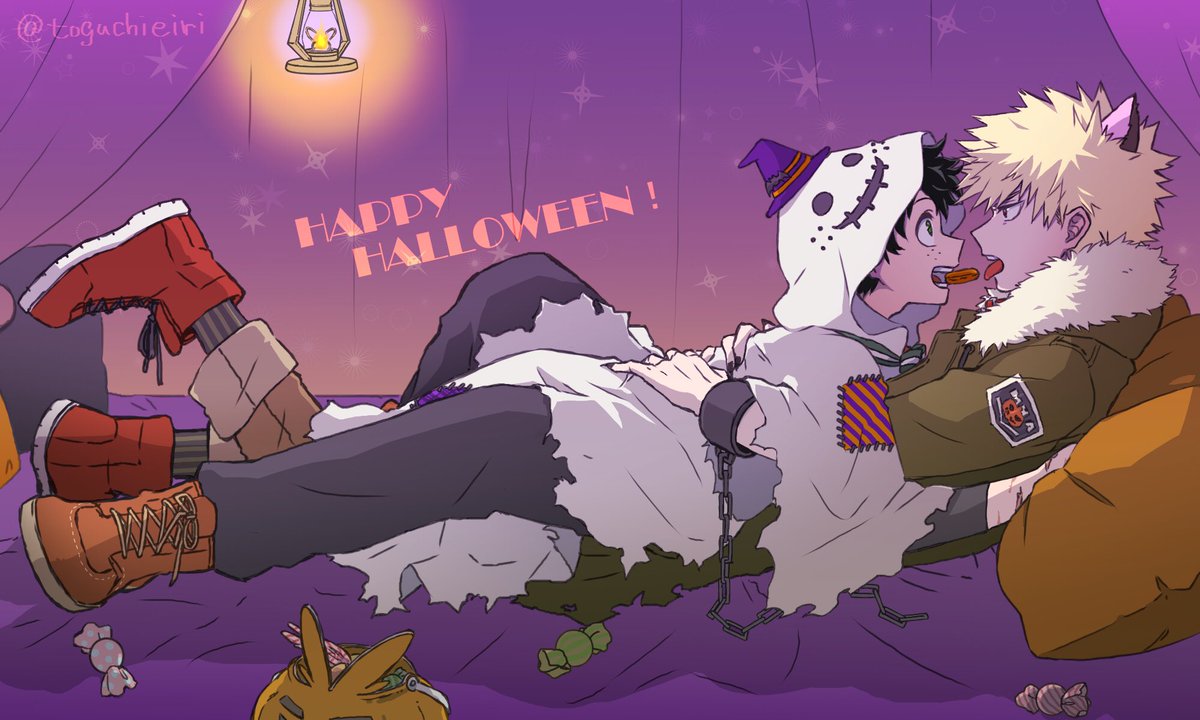 toguchieiri's tweet image. 寒がり狼男さんと飼い主オバケくんなハロウィン勝デク🐺👻🎃