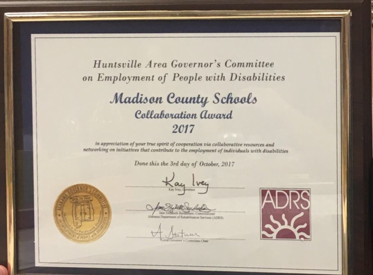 SHSSenators's tweet photo. Governor Ivey &amp; HACEPD presented @MadCoSchools the Collaboration of the Year to recognize transition personnel such as SHS’s Cindy Stanley. https://t.co/saZEQNkAla