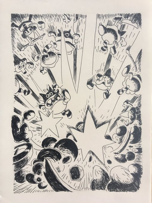 "Thunderclap Bomb- And then it all went black." Inktober 02 #blackmountain #inktober #pen #muji #sketchbook #虎 #ネズミ #tiger #mice #explosion 