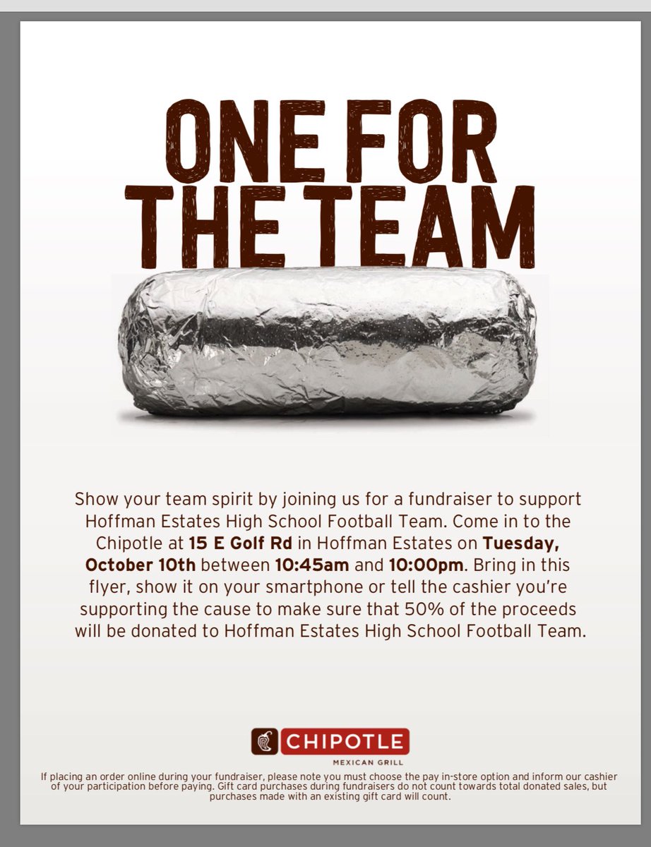 MsALongmore's tweet image. October 10th Chipotle 15 E. Golf Rd location only. 🏈🌮🏈🌮 Support @12_MSL Hoffman Football.
