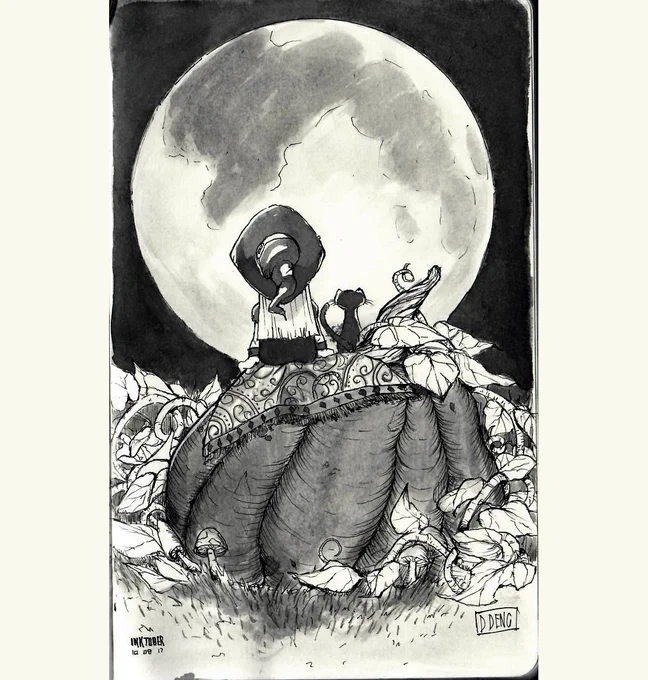 Inktober day 8 clear skies and a full moon. Late Inktober post from yesterday #Inktober #inktober2017 