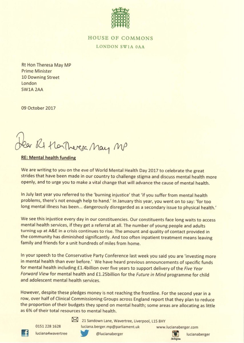 lucianaberger's tweet image. On the eve of #WMHD17 160 @UKLabour MPs have written to the PM to ask that mental health funding is ring-fenced. Now is the time for action.