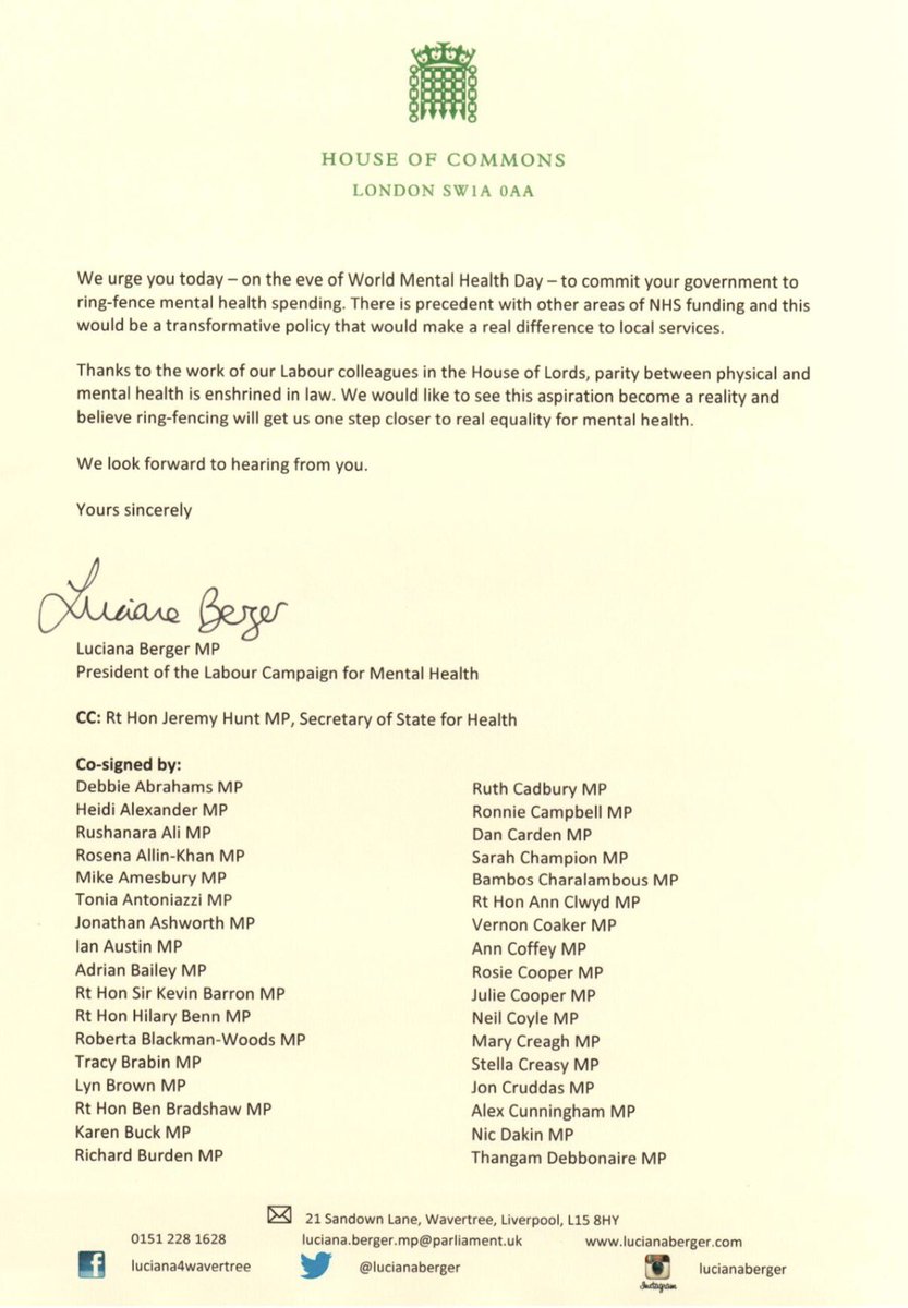 lucianaberger's tweet image. On the eve of #WMHD17 160 @UKLabour MPs have written to the PM to ask that mental health funding is ring-fenced. Now is the time for action.