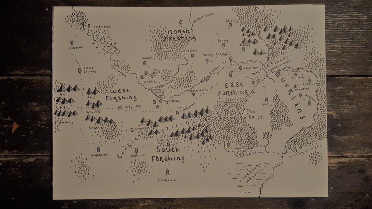 DanBell__'s tweet photo. My hand drawn interpretation of The Shire, as seen in many of Tolkien's fictional works - perhaps most notably in The Lord of the Rings. #TolkienArt #BespokeMaps #BlackAndWhiteArt https://t.co/nMmTs6mvHB