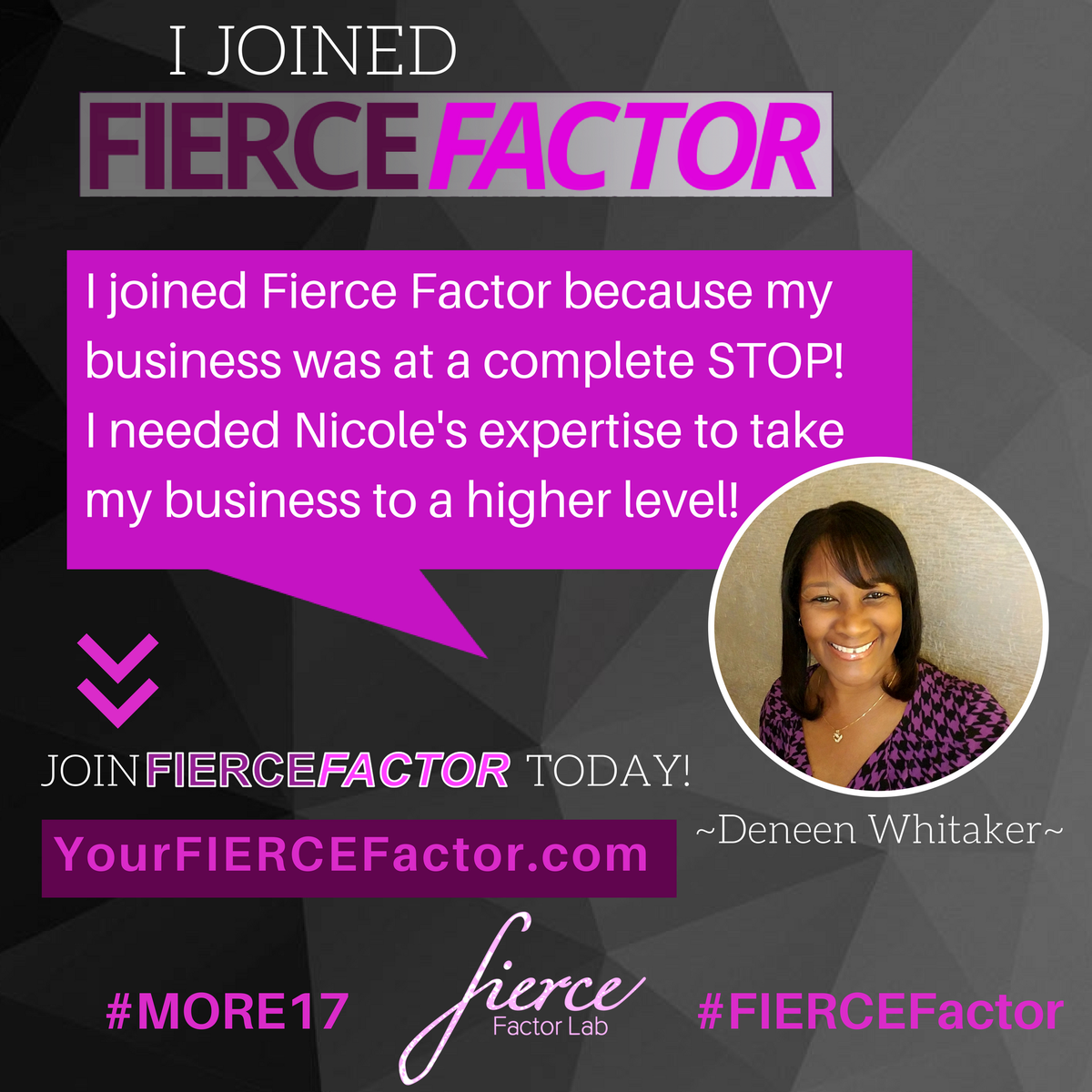 NRobertsJones's tweet photo. We applaud Deneen Whitaker for joining FIERCE Factor!
Learn more about FIERCE Factor here: https://t.co/Qouf8BGcXl
#MORE17 #FierceFactor https://t.co/2tBdyx1syC