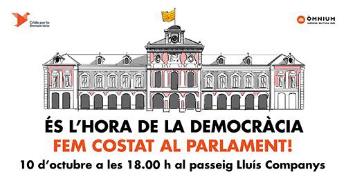 omnium's tweet photo. El 10 d'octubre és l'hora de la democràcia al Parlament. Fem costat pacíficament a les nostres institucions.

📍Pg. Lluís Companys, BCN
🕗18.00 h

Determinació, unitat i civisme! https://t.co/tZK28AHjCG