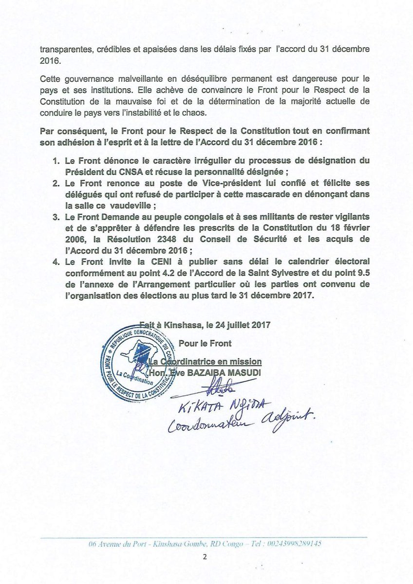 Evebazaiba's tweet photo. Le #FRC ne prendra pas part au sein du #CNSA!notre position du 24 Juil 2017 demeure en vigueur. Ns voulons les élect d'ici le 31 Déc 2017! https://t.co/Z6qJ9FQOfX