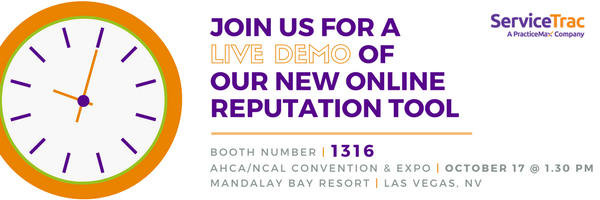 ServiceTrac's tweet image. Join us at booth 1316 at AHCA/NCAL Convention &amp;amp; Expo as we unveil &amp;amp; demo our #OnlineReputation tool! #LTCLV