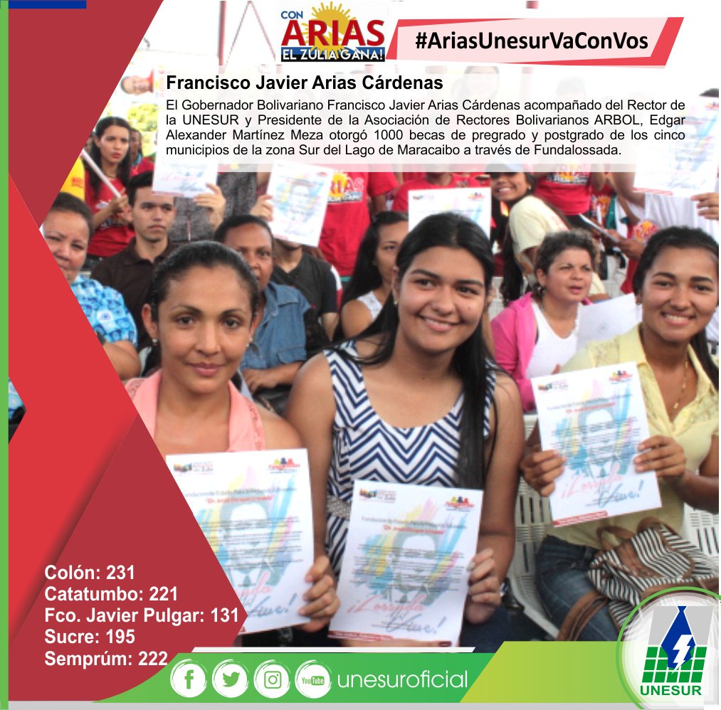 UnesurOficial's tweet photo. Razones por las que la juventud dl SurDelLago ratifica apoyo al Gob @PanchoArias2012 entrgó mil becas d pregrado y postgrado @MartinezUNESUR https://t.co/qYEvd20Bot