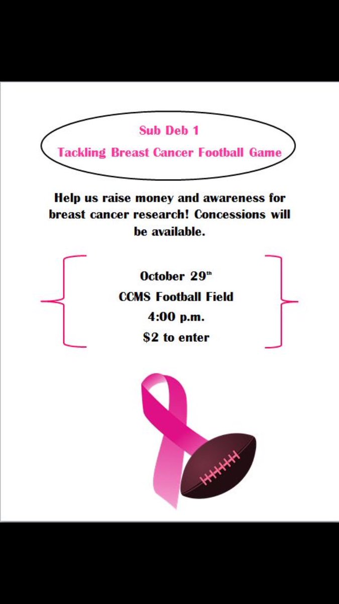 sub_deb1's tweet photo. Come join us on October 29th at our annual Sub Deb 1 Tackling Breast Cancer Football Game to raise awareness and funds for Breast Cancer! https://t.co/eYEyZ1zNVb
