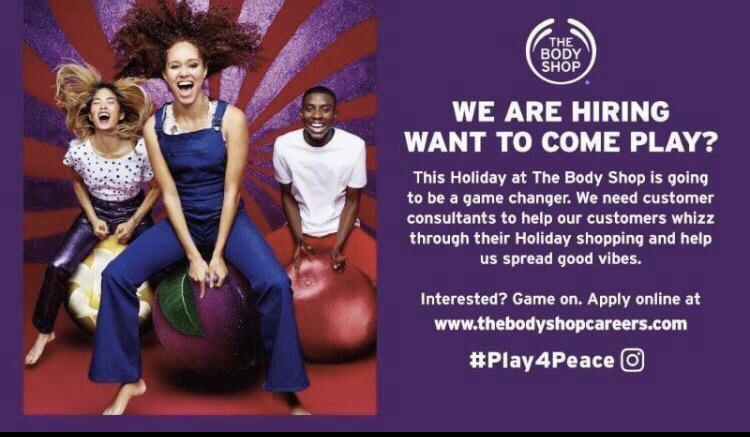 Join The Body Shop Team as We "Sleigh Into The Holidays" In Our Mission to #Play4Peace  Call 972-712-6841 to schedule an interview!