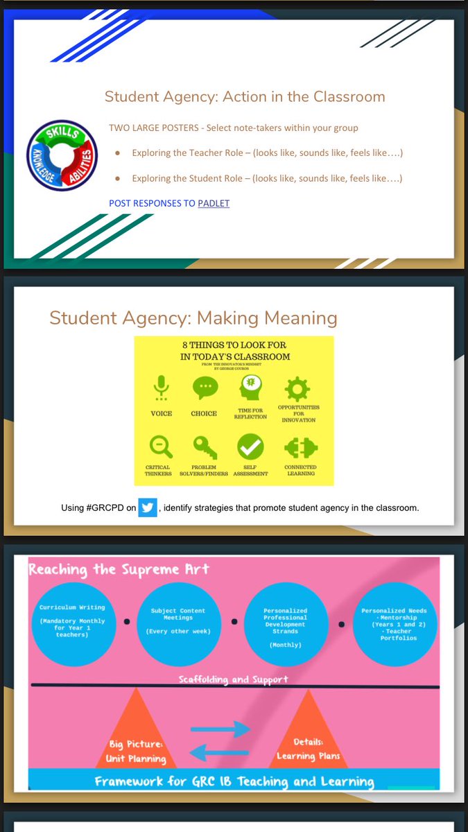 MsRPatricio's tweet photo. A1: Student agency, the 5Cs, IB & personalized learning! We used digital tools to see how it all fits in the #GRCPD T&L Framework. #VBEdChat https://t.co/c3JqZIJA6O