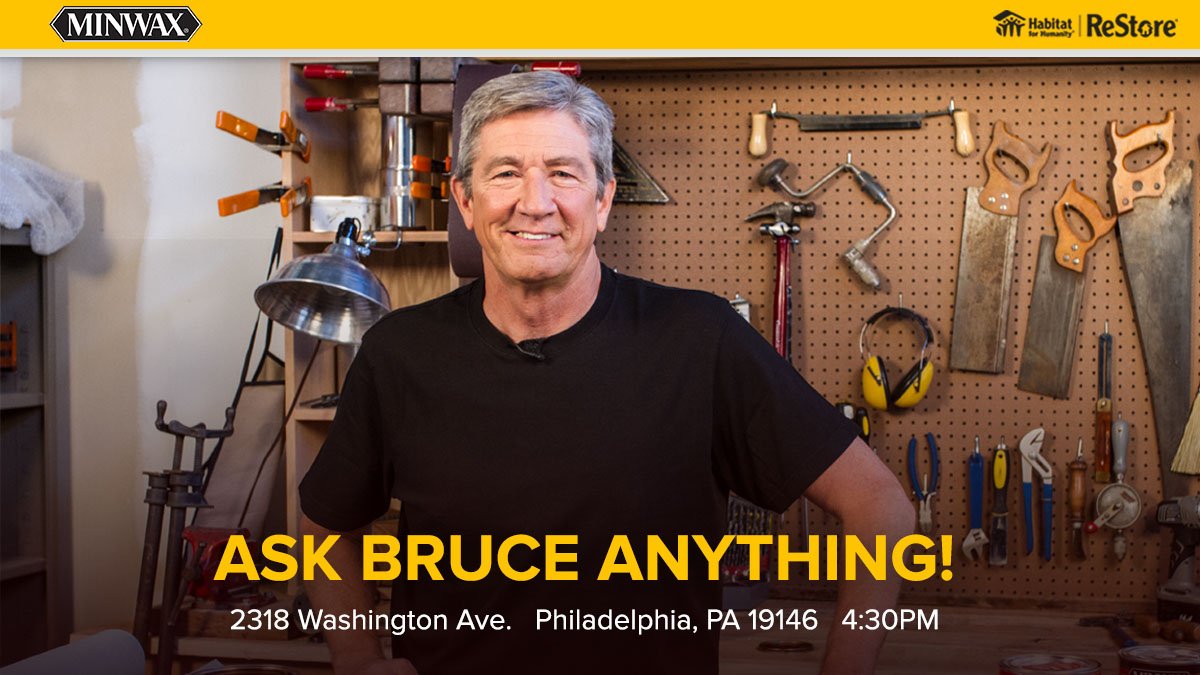 Meet Bruce on Saturday 10/14 at the <a href="/HabitatPhilly/">Habitat Philadelphia</a> ReStore and bring your
wood finishing questions. #FindFinishLove ow.ly/L5ii30fKReg