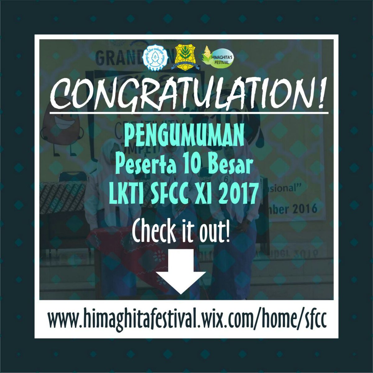 YEAY! Untuk pengumuman finalis 10 besar SFCC HIMFEST 2017, bisa didownload di himaghitafestival.wix.com/home/sfcc 

Selamat buat para finalis 😄😄😄