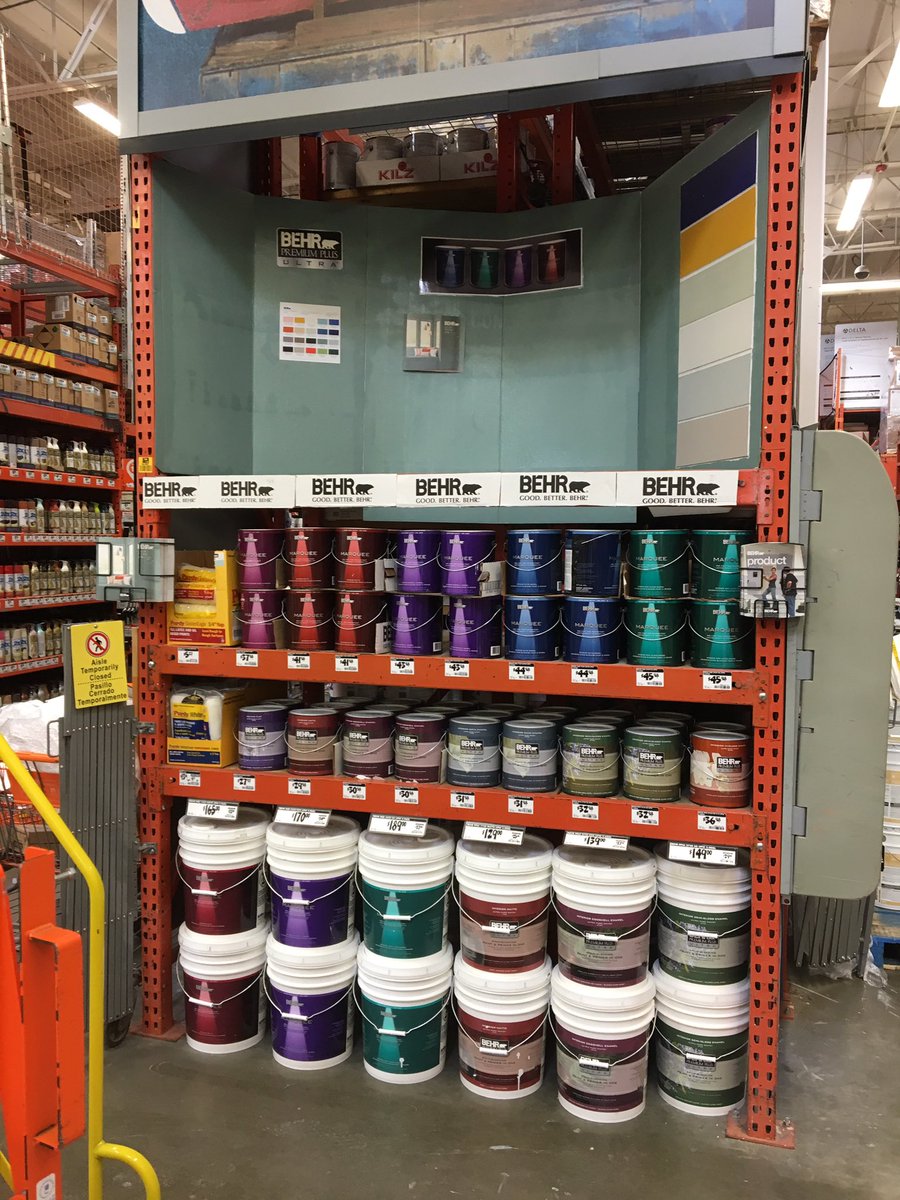 Chadlidstrom's tweet photo. #BehrColorTrends2018 end cap- from #DeckOver to Interior paint...Samples and some spray Kilz and a little artistsiic flair... https://t.co/zJlVOn0Sco