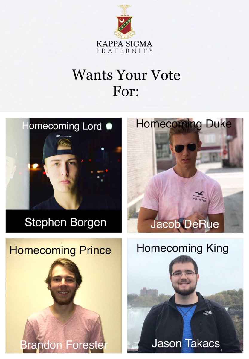 It is that time of year again, being homecoming and that means Thiel College homecoming court. We ask that you vote Stephen Borgen for HoCo Lord, Jacob DeRue for HoCo Duke,  Brandon Forester for HoCo Prince, and Jason Takacs for HoCo King. Thank you for your support!