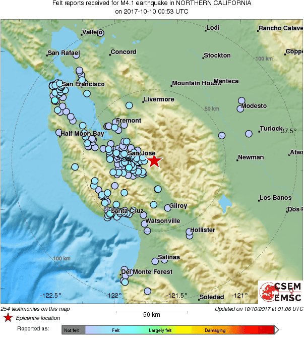 LastQuake's tweet photo. M4.1 #earthquake (#sismo) strikes 19 km E of San Jose (#California) 13 min ago. Updated map of its effects: https://t.co/3w4D5HYqPp