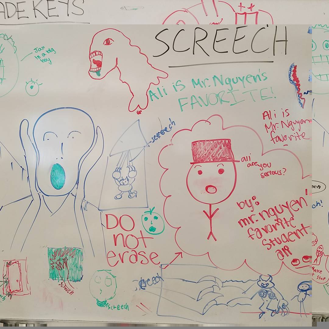 KairosXIII's tweet photo. #inktober day 9 (Screech) with my students on whiteboard. We all had a rough time getting creative with this one. 
#blackcanry #teacherlife https://t.co/QE8L6Oc3rX