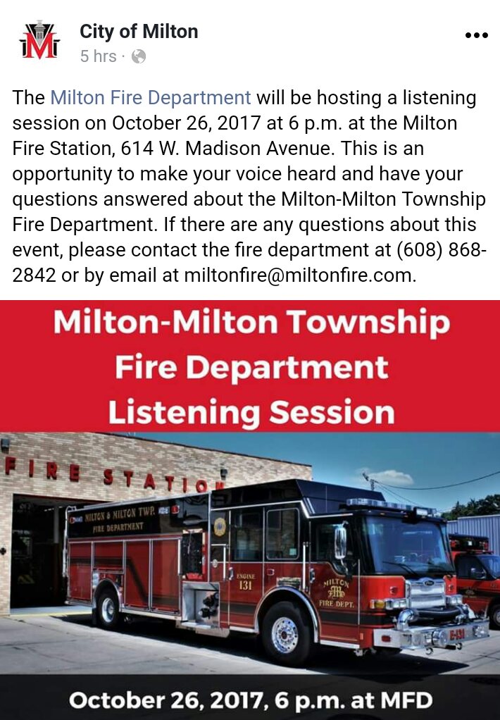 milton_fire's tweet photo. Milton Fire Department listening session. October 26th at 6pm. https://t.co/a8t3jhV45Z
