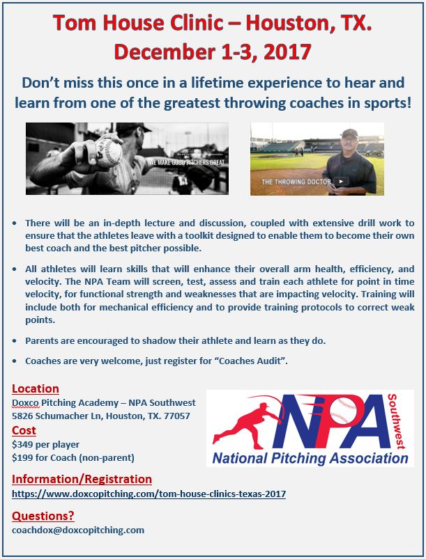 DeanDoxakisNPA's tweet photo. Tom House coming to Houston!Don't miss the opportunity to learn from the legend. Dec 1-3rd. Coaches welcome!#NPA #tomhouse #throwhardeasy https://t.co/5yQyCFebjO