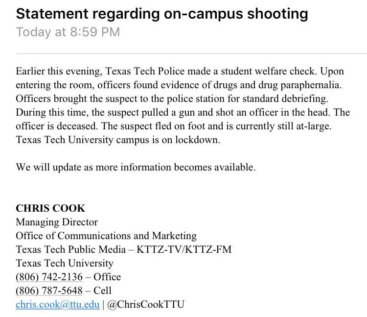 FWPOA's tweet photo. Prayers for Texas Tech University as an officer has been shot and killed in the line of duty. https://t.co/yBsbx1RDy0