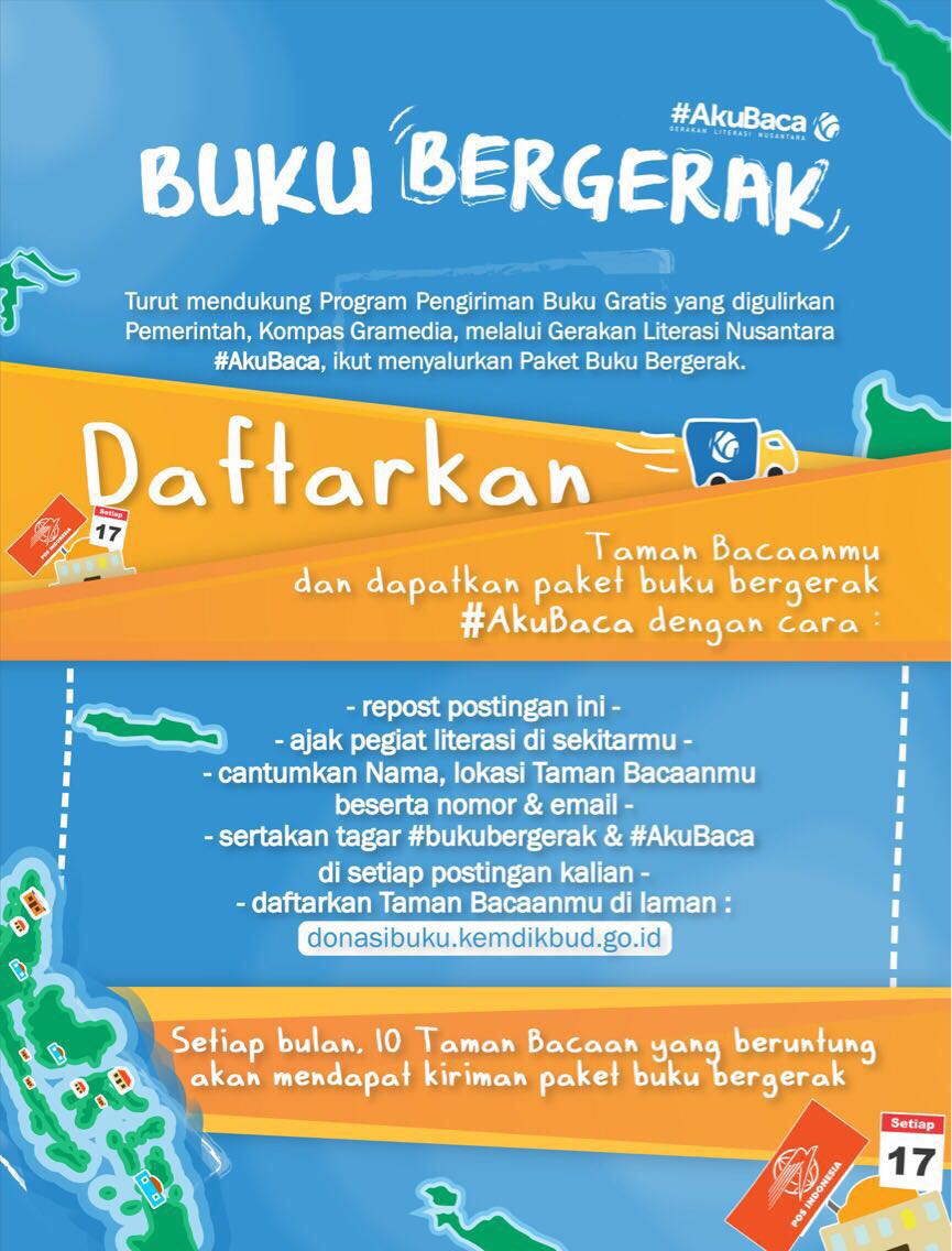 Setiap bulan, 10 Taman Bacaan yg beruntung akan mendapatkan Paket Buku Bergerak yg berasal dr sumbangan Masyarakat melalui ATM Buku #AkuBaca