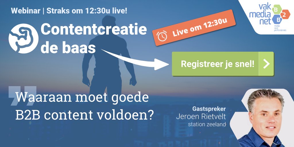 Straks om 12:30u live! | Webinar: Contentcreatie de baas met Jeroen Rietvelt. Aanmelden kan nog! --> buff.ly/2ycxpA6