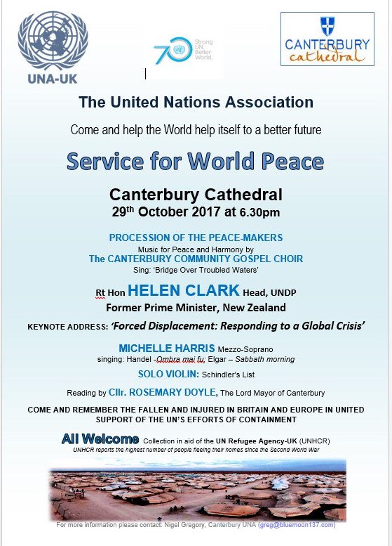 UNAServicePeace's tweet photo. Our next service @No1Cathedral Sunday 29 October, celebrating #peace in words and music; all welcome! #Canterbury #UNA https://t.co/Dmmp7E7ewt