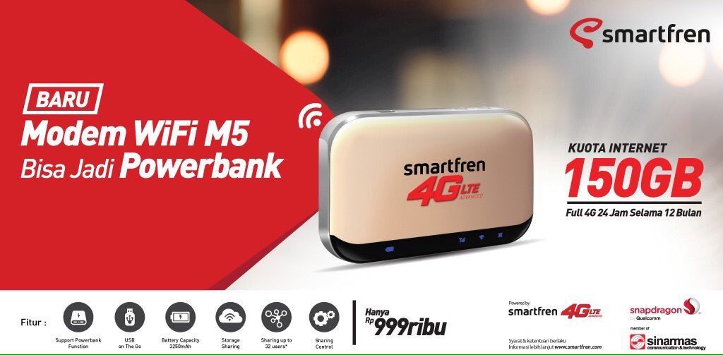 Yg blm punya Modem WiFi buruan beli Modem WiFi Smartfren M5. Kmu bs dpt kuota s/d 150GB ya Sobat. Info bit.ly/2xQcvHQ