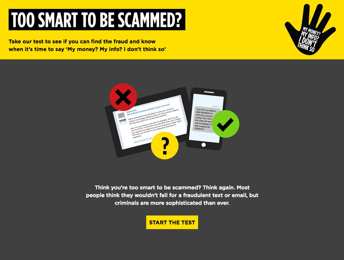reportfrauduk's tweet photo. Think you’re too smart to get scammed? Take the #TakeFive quiz now: https://t.co/EvRpJagRtg https://t.co/Y7iTUkxioZ