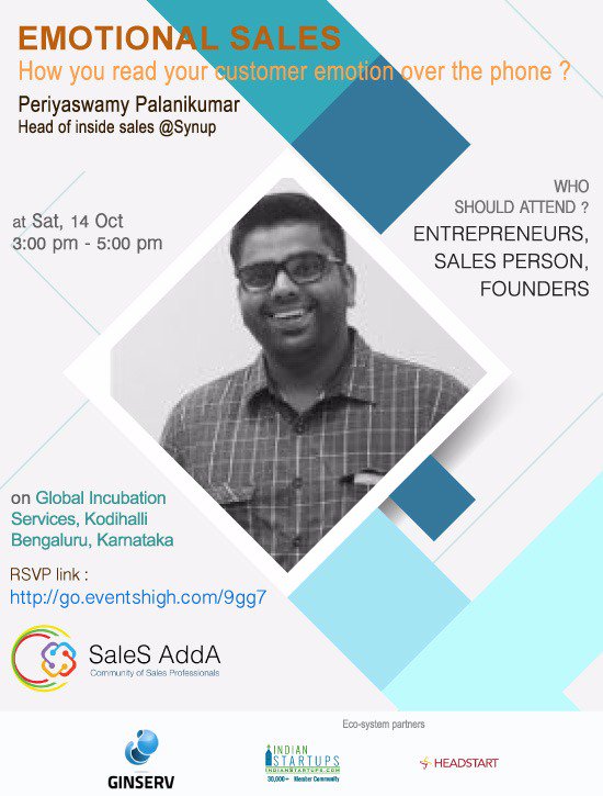 SaleS_AddA's tweet photo. Oct 15 @Ginserv2009 "How to read customer emotions over the phone" #SaleSAddA #Insidesale
RSVP https://t.co/cLUWUyifUA https://t.co/AgQ6GHy8sN