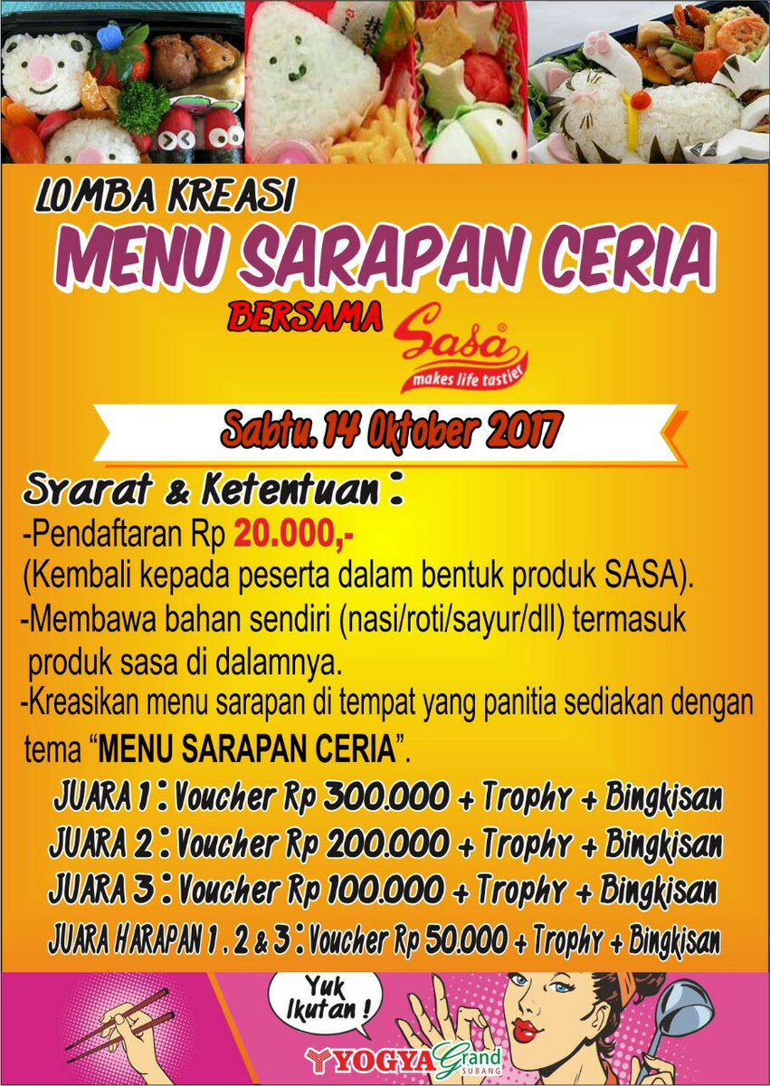 Yu ikuti Lomba Kreasi sarapan bersama Sasa cc: <a href="/SangBuahHati/">Sang Buah Hati (SBH)</a> <a href="/SubangMuda/">SUBANG MUDA</a> <a href="/KicauSubang/">ᮊᮤᮎᮅ ᮞᮥᮘᮀ</a> <a href="/Dealova_Cafe/">Dealova Cafe</a> <a href="/Info_Subang/">Info Subang</a> <a href="/MangSiHejo/">Mang Kopi</a> <a href="/WismaKarya/">WismaKarya</a>