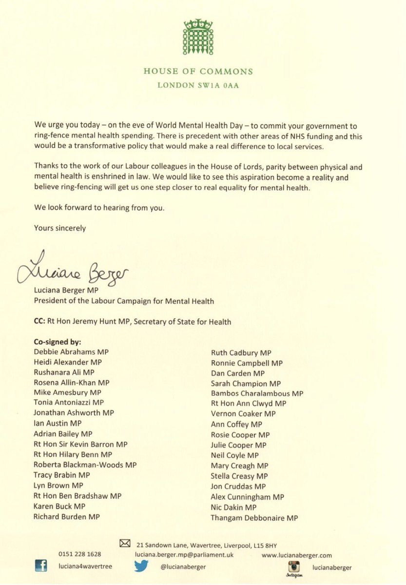 LauraSmithCrewe's tweet image. #WMHD17 160 @UKLabour MPs have written to the PM to ask that mental health funding is ring-fenced. Now is the time for action.