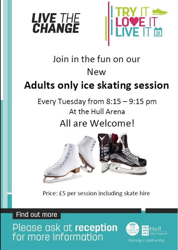 StreetGamesHull's tweet photo. Adults skating &amp; Learn to Skate sessions every Tuesday at the Hull Arena. Call 01482 325 252 for more details @Hullccnews https://t.co/VTdaFq5bue