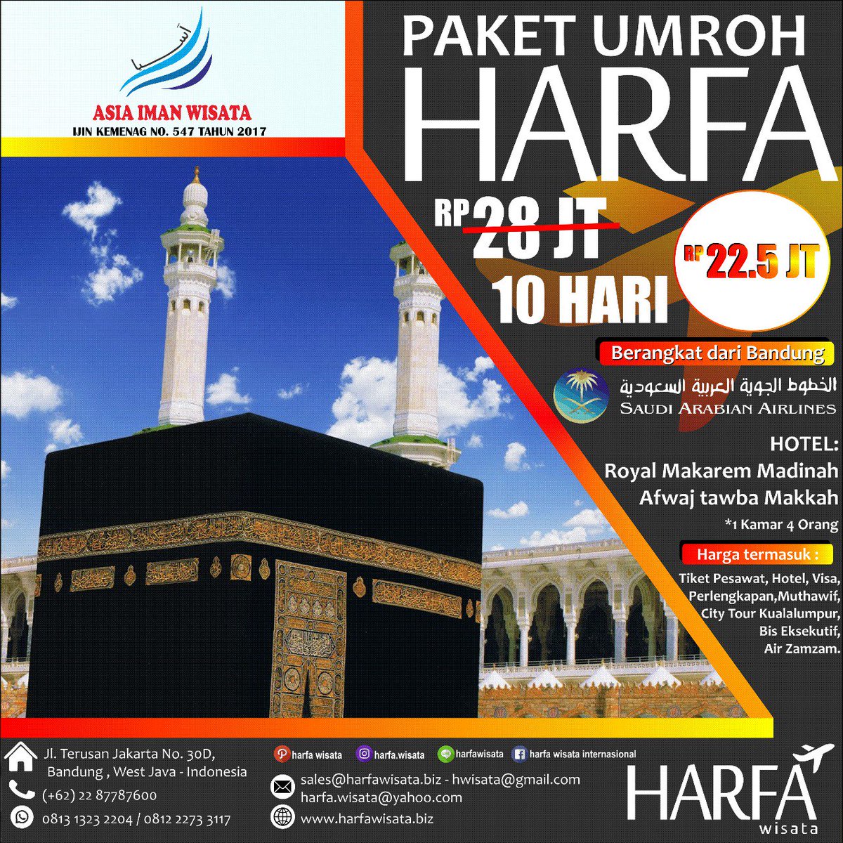 harfawisata's tweet photo. PROMO PAKET UMROH REGULER 10 HARI NOV-MARET 2018
PLUS CITY TOUR &amp; MENGINAP DI KUALA LUMPUR 1 MALAM
Rp. 22.500.000 QuardBed
by Saudi Airlines https://t.co/bjR8Xz3Z4g