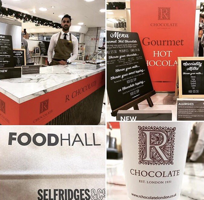RChocolateLDN's tweet photo. We have arrived! @RChocolateLDN @Selfridges Exciting hot chocolate combinations in the food hall. Come and visit us today. https://t.co/rPse76IbwW