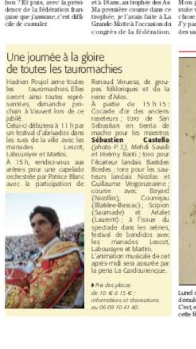 Bel article dans <a href="/Midilibre/">Midi Libre</a> sur le jubilé d'Hadrien Poujol à #Vauvert dimanche. Présence de Sébastien Castella,Medhi Savalli et Jérémy Banti