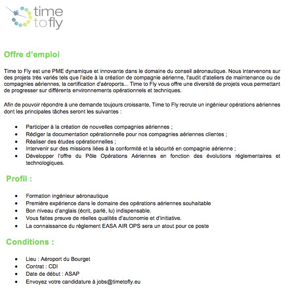 Time_2_Fly's tweet image. Time to Fly recrute un ingénieur opérations aériennes ! N'hésitez pas à postuler ! #job #consultant #ingénieur #ops #timetofly